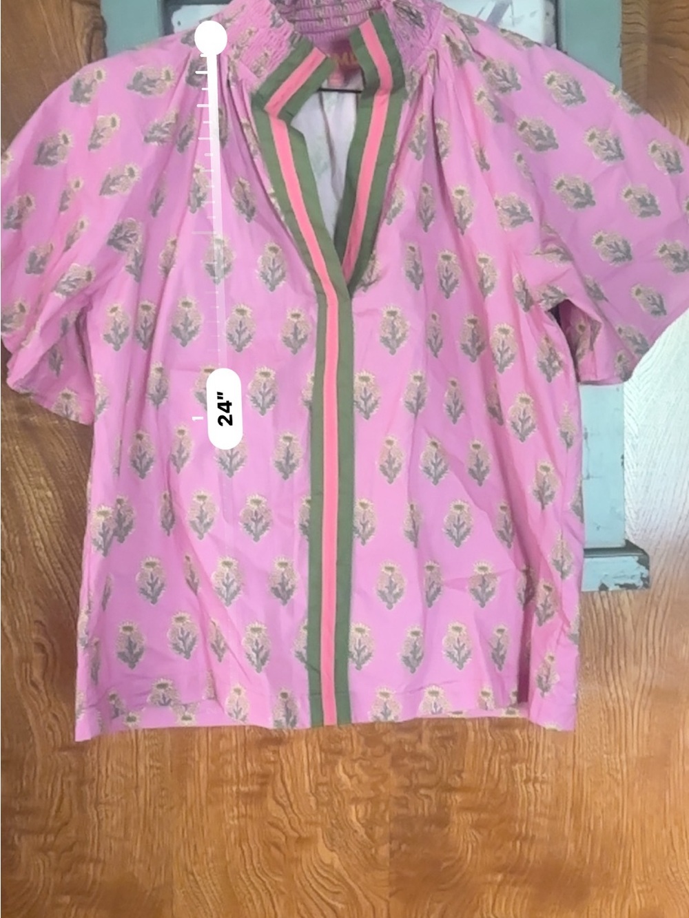 THML Pink Floral Print Short Sleeve Blouse with Green Trim - Picture 5 of 5